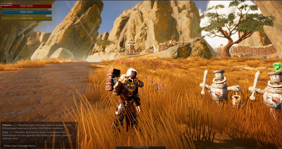 Gameplay en tercera persona: un personaje con armadura cruza un cañón de hierba dorada, con barras de vida y chat en pantalla.