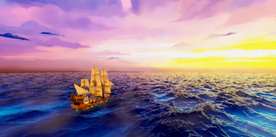 Un galeón navega en un mar azul bajo un atardecer morado y dorado.