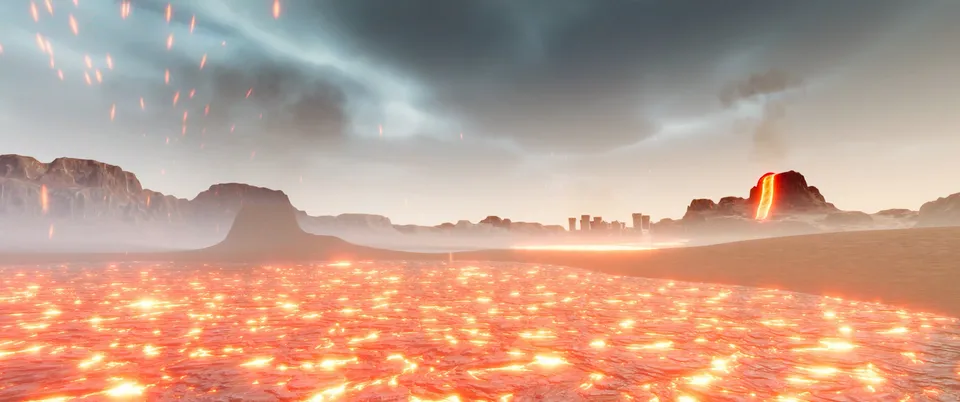 Un lago de lava brillante bajo un cielo de tormenta, con brasas flotando y un volcán al fondo.
