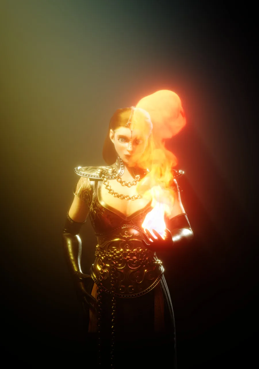 Personaje femenino con armadura dorada que sostiene una llama en la mano, iluminado en la oscuridad.
